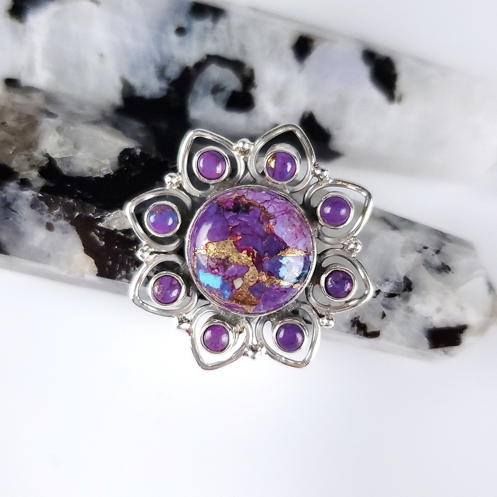 925 Sterling Silver Purple Copper Turquoise Flower Ring Size 9 New - Picture 2 of 13